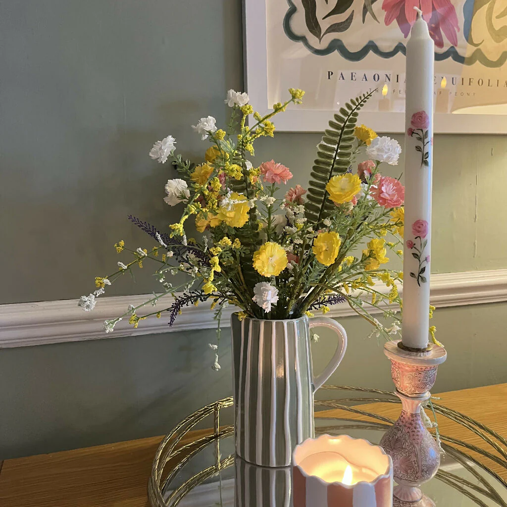 November Birth Flower Candle - Hand Painted Peony Candle with Gold Coloured Metal Holder
