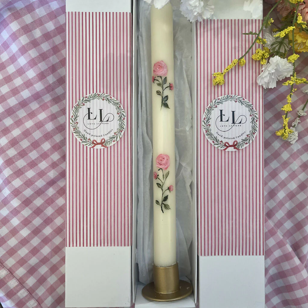 November Birth Flower Candle - Hand Painted Peony Candle with Gold Coloured Metal Holder - Image 2