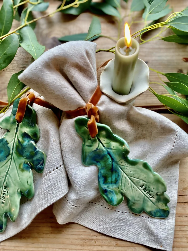 Oak leaf - Personalised Ceramic Place setting: Wedding Favour, Wall Hanging MADE TO ORDER