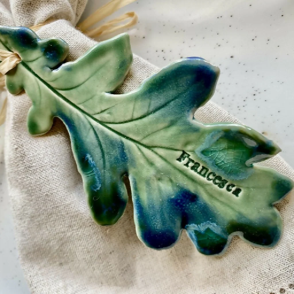 Oak leaf - Personalised Ceramic Place setting: Wedding Favour, Wall Hanging MADE TO ORDER - Image 2