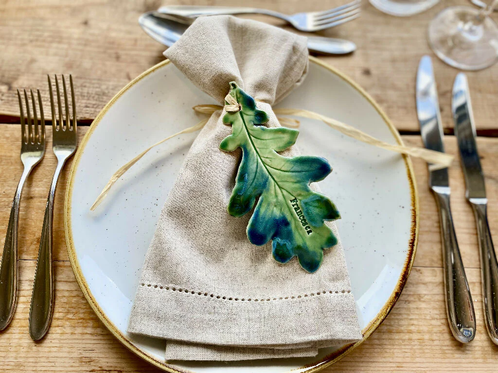 Oak leaf - Personalised Ceramic Place setting: Wedding Favour, Wall Hanging MADE TO ORDER - Image 3