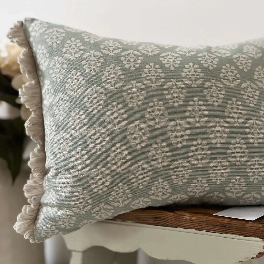 Oblong fan edge cushion in Duck Egg Sprig cotton by Susie Watson Designs - Image 2