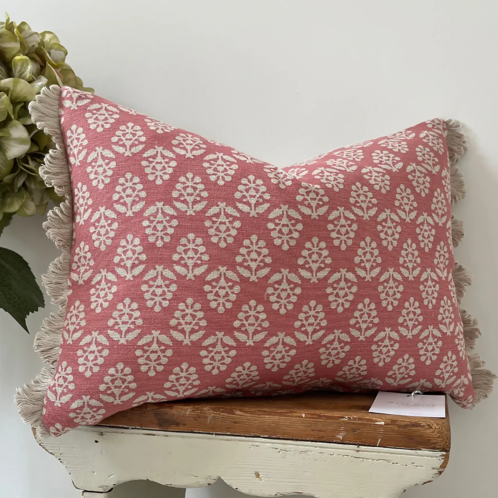 Oblong fan edge cushion in Rose Sprig cotton by Susie Watson Designs