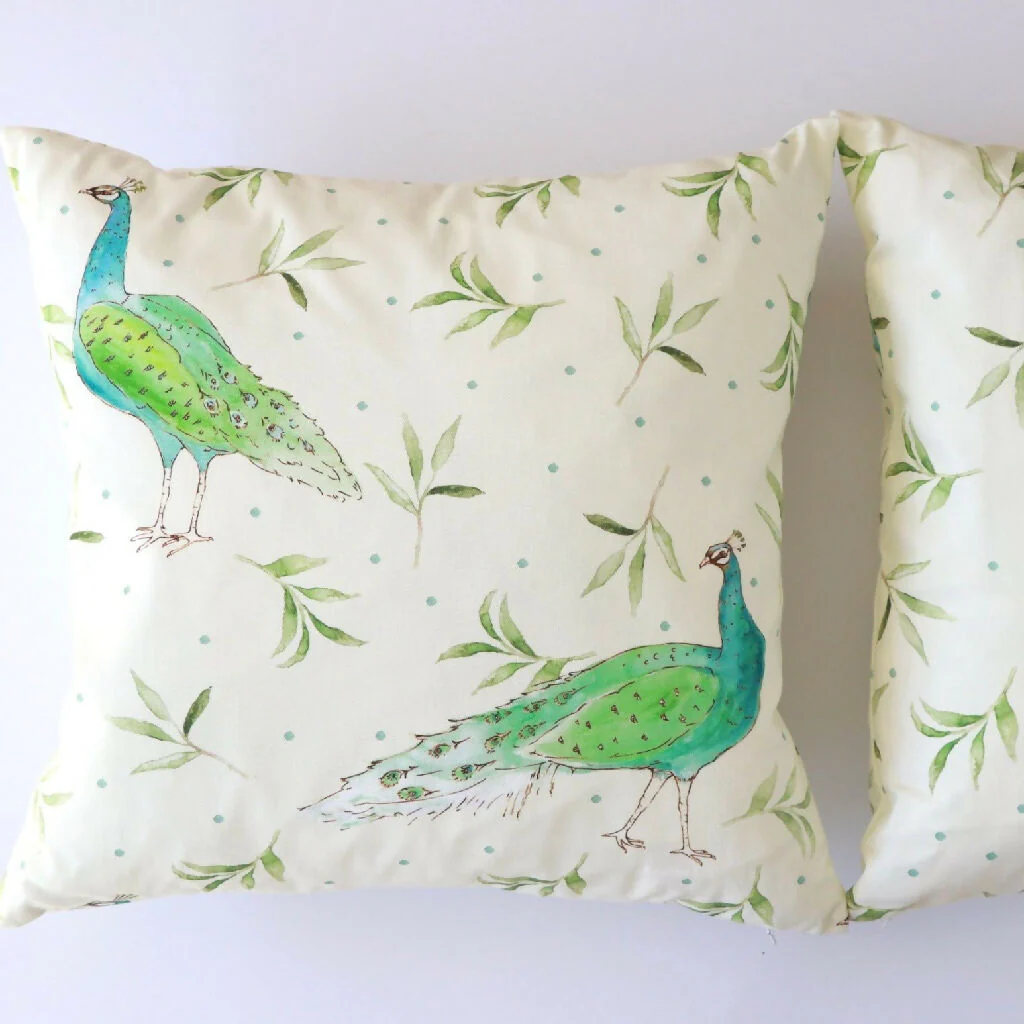Olive and Dot Peacock Cushion: Antique Cream or Sky Blue - Image 3