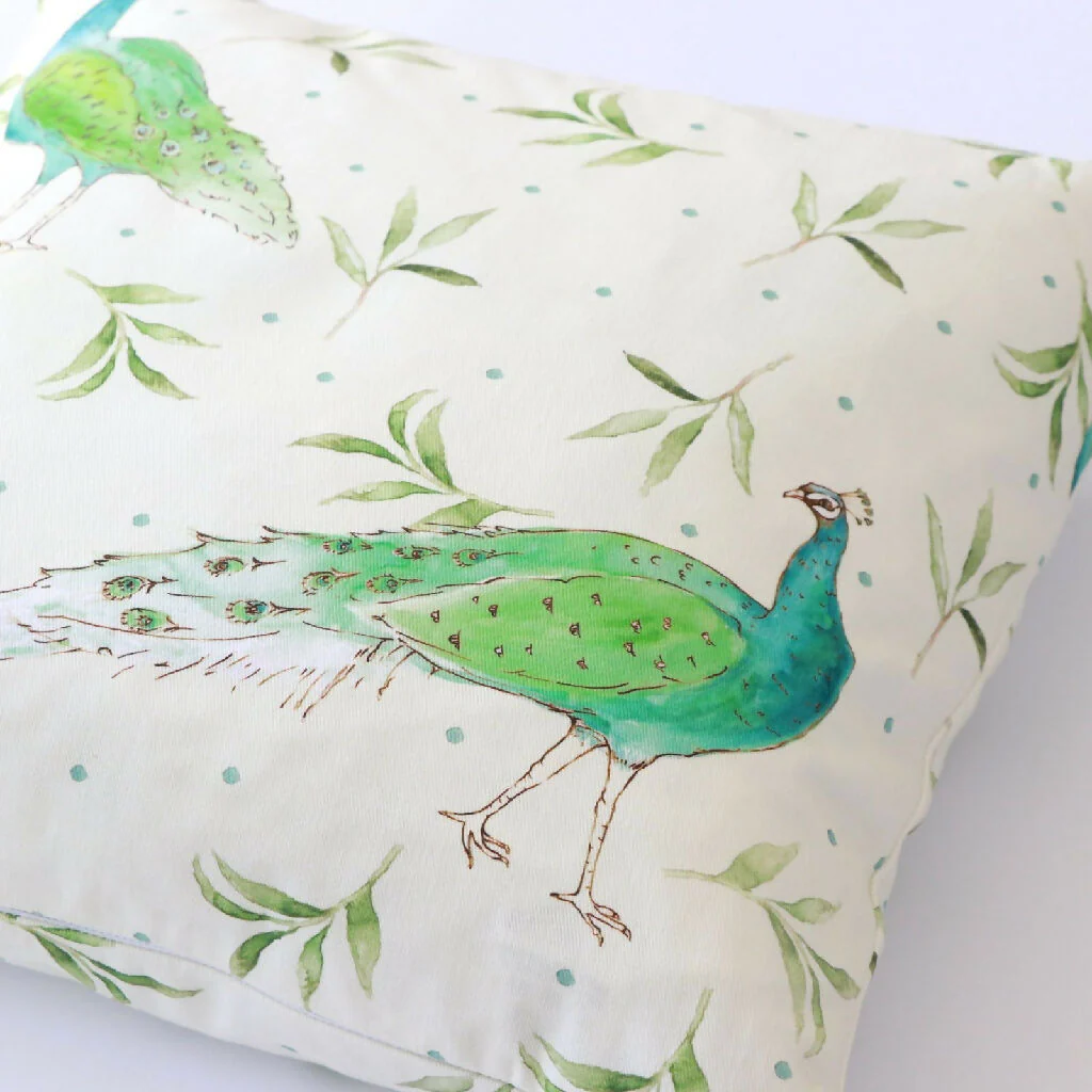 Olive and Dot Peacock Cushion: Antique Cream or Sky Blue - Image 4