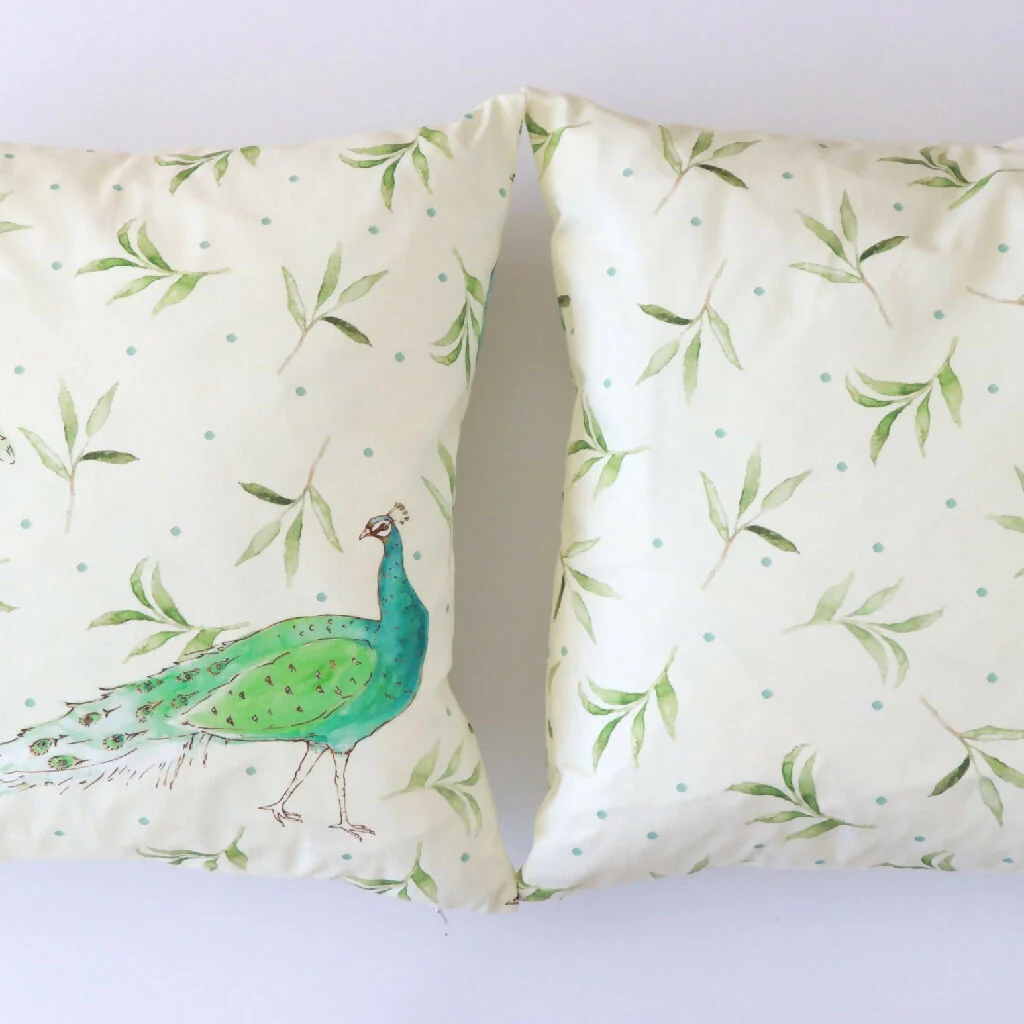 Olive and Dot Peacock Cushion: Antique Cream or Sky Blue - Image 5