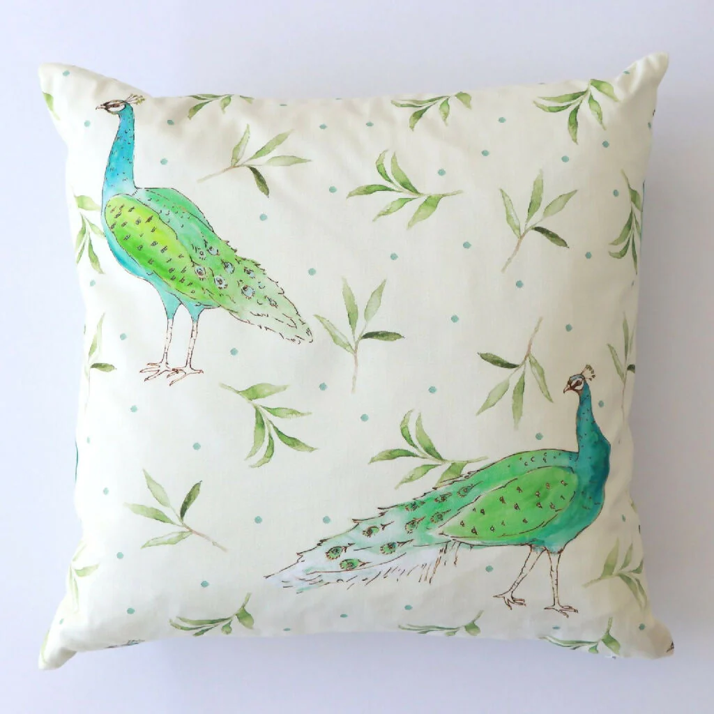 Olive and Dot Peacock Cushion: Antique Cream or Sky Blue - Image 6