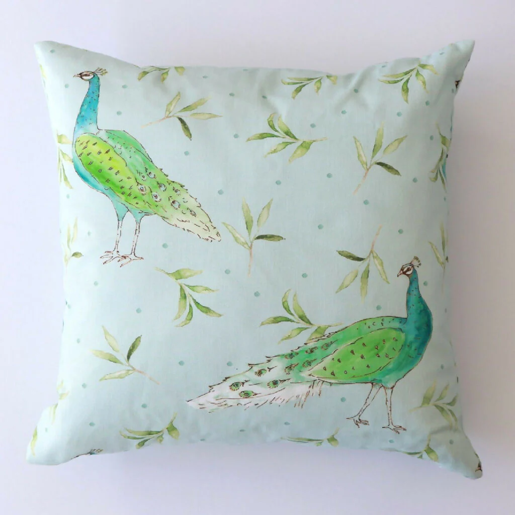 Olive and Dot Peacock Cushion: Antique Cream or Sky Blue - Image 7