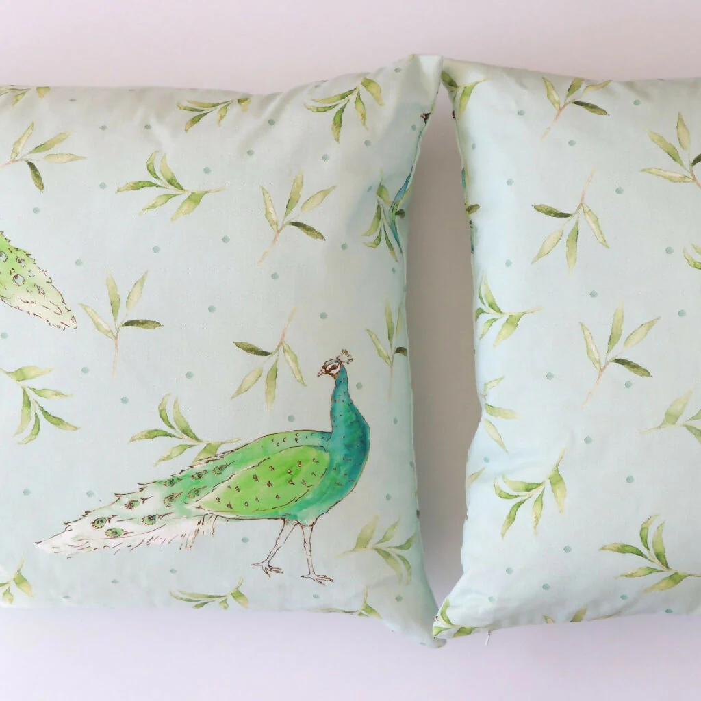 Olive and Dot Peacock Cushion: Antique Cream or Sky Blue - Image 8