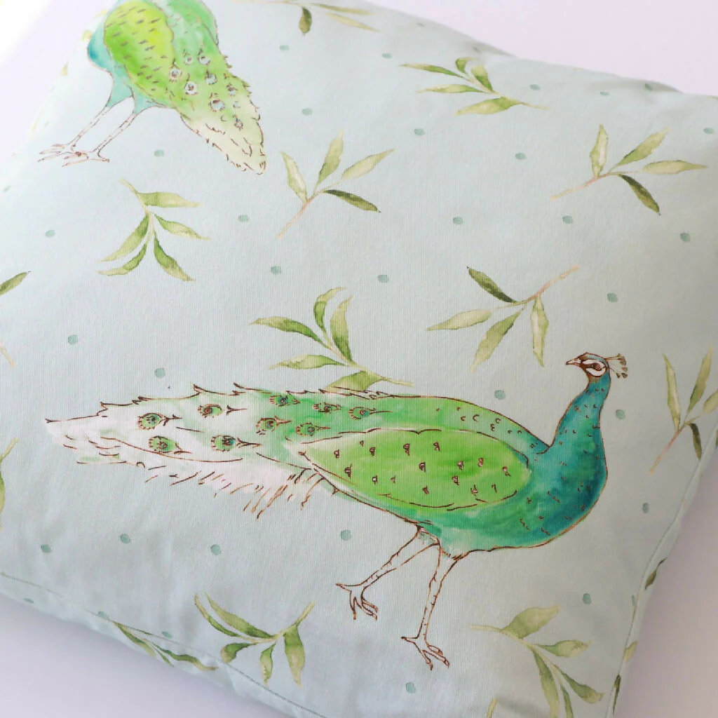 Olive and Dot Peacock Cushion: Antique Cream or Sky Blue - Image 9