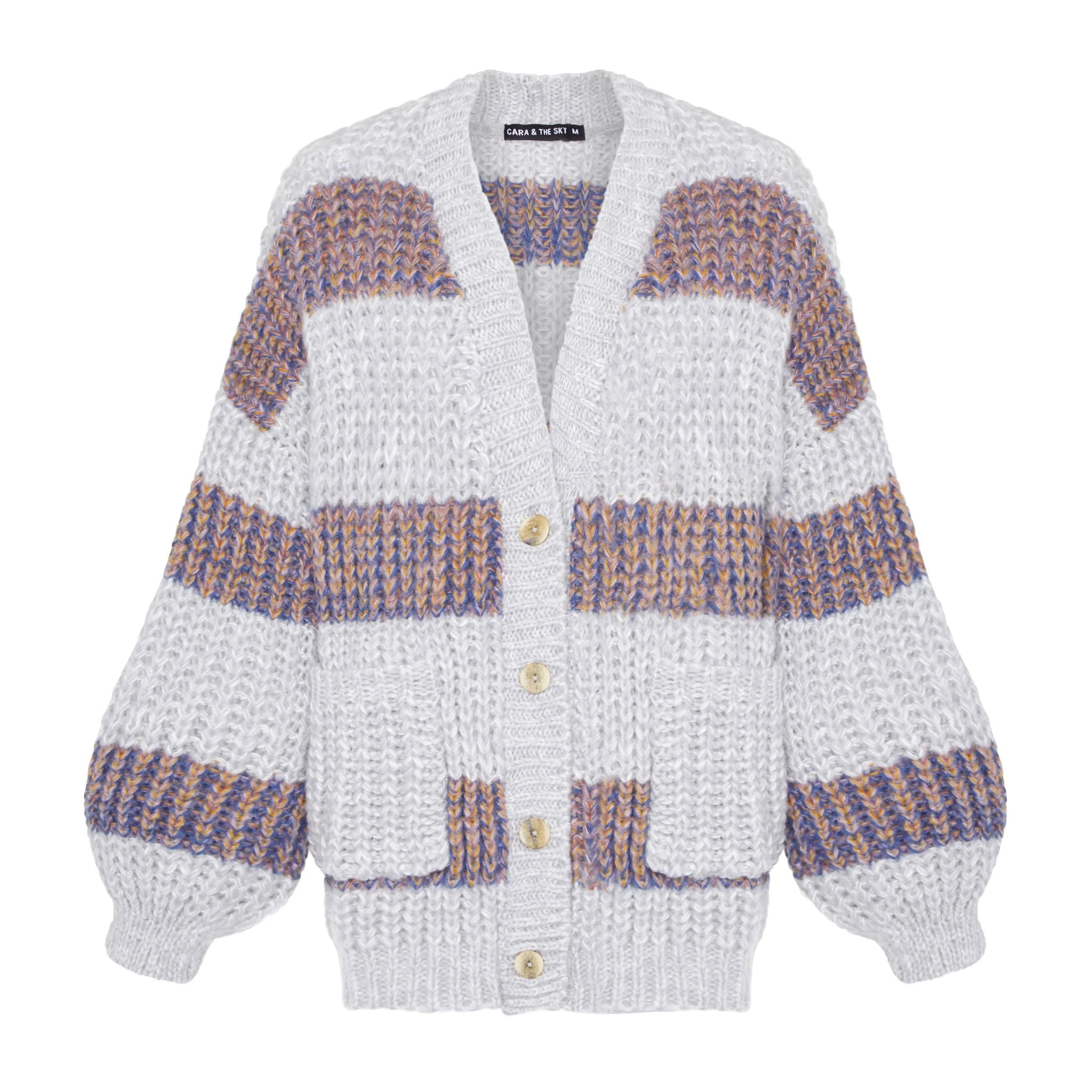 Olivia Stripe Chunky Cardigan with Buttons - Silver Grey - Image 2