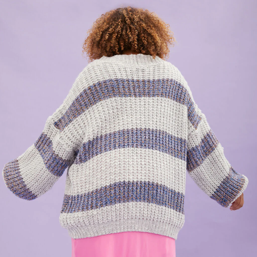 Olivia Stripe Chunky Cardigan with Buttons - Silver Grey - Image 3