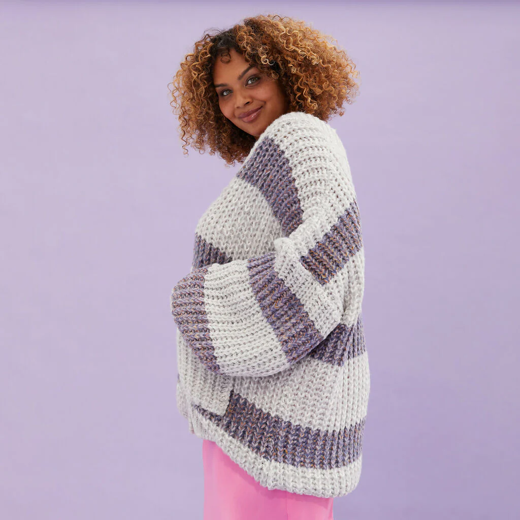 Olivia Stripe Chunky Cardigan with Buttons - Silver Grey - Image 4