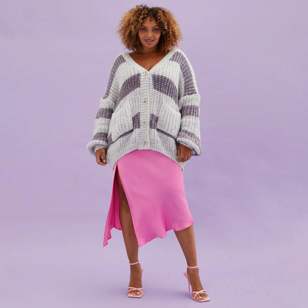 Olivia Stripe Chunky Cardigan with Buttons - Silver Grey - Image 5