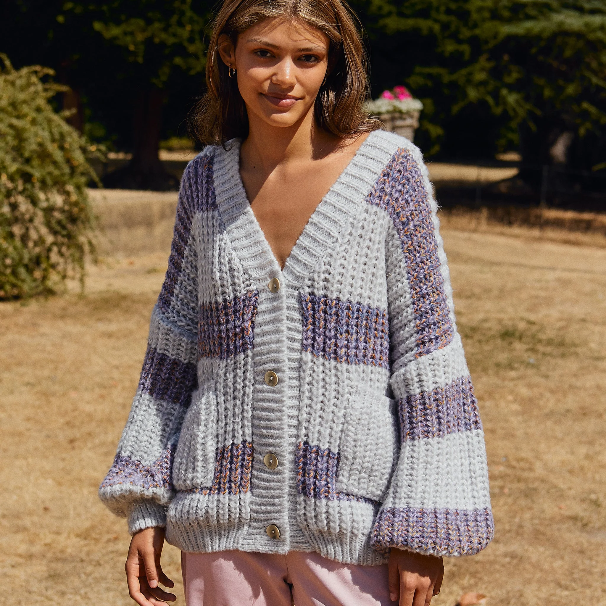 Olivia Stripe Chunky Cardigan with Buttons - Silver Grey - Image 6
