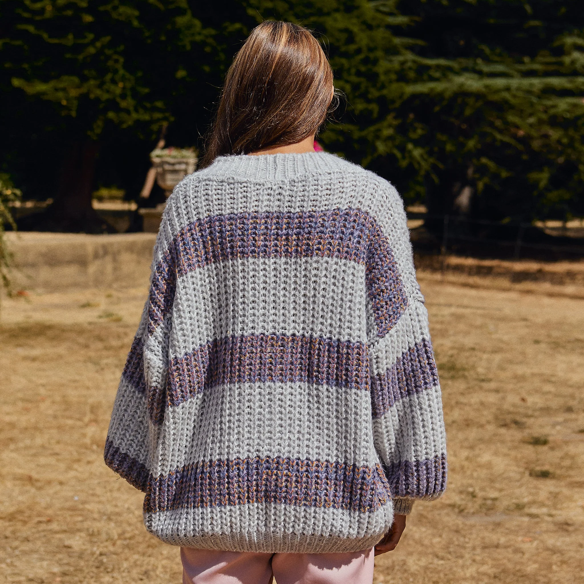 Olivia Stripe Chunky Cardigan with Buttons - Silver Grey - Image 8