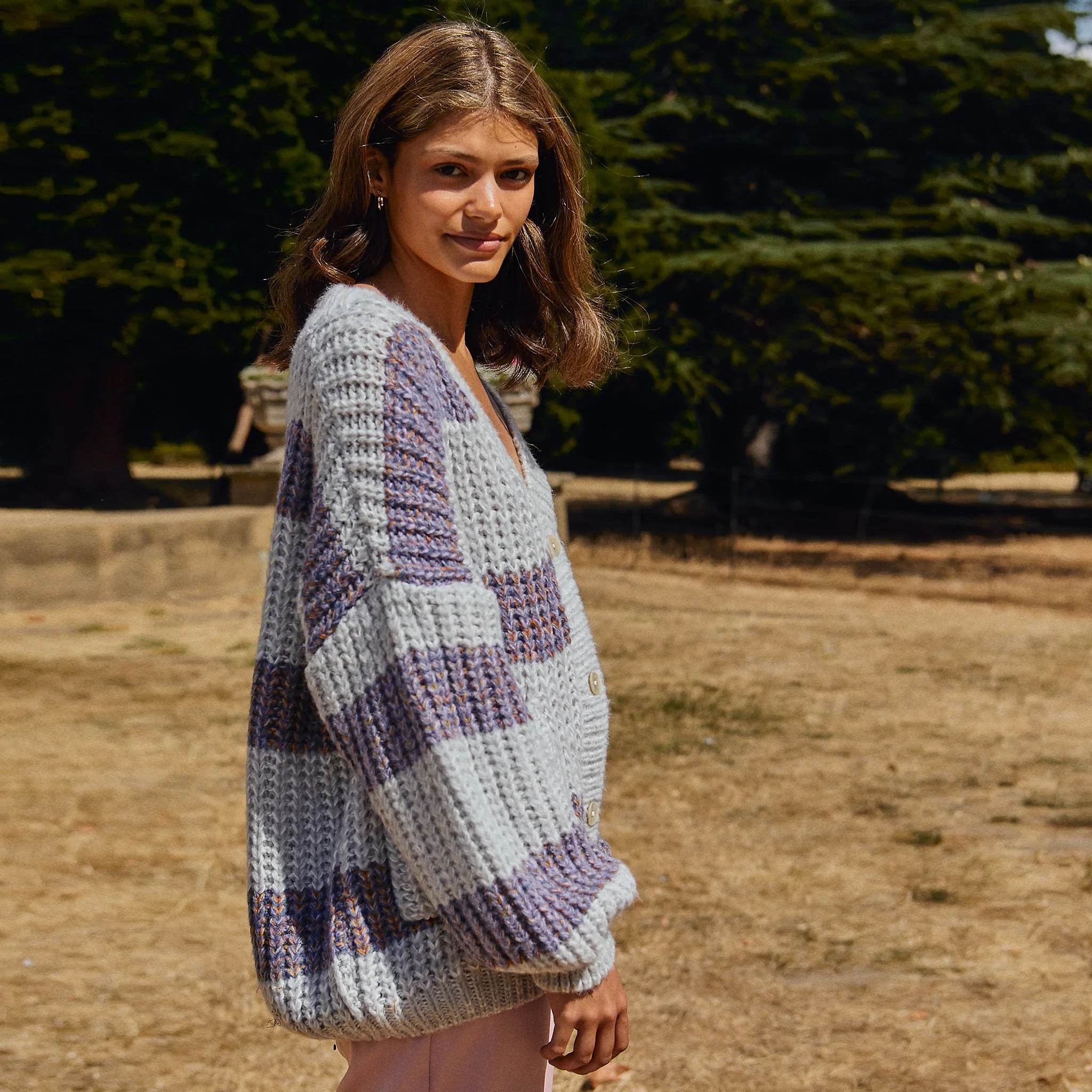 Olivia Stripe Chunky Cardigan with Buttons - Silver Grey - Image 9