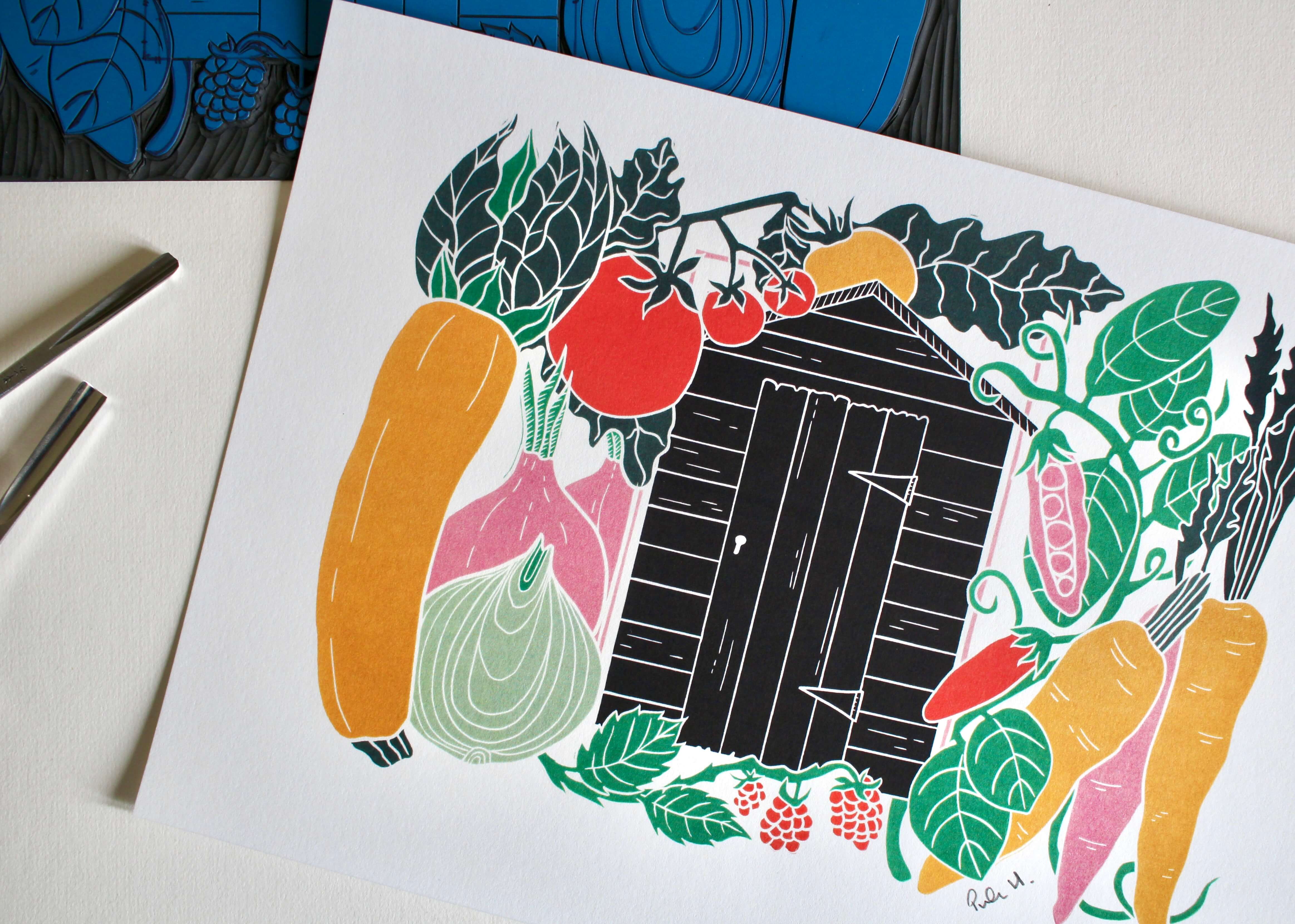 On the Allotment Linocut Art Print - A4 - Image 2