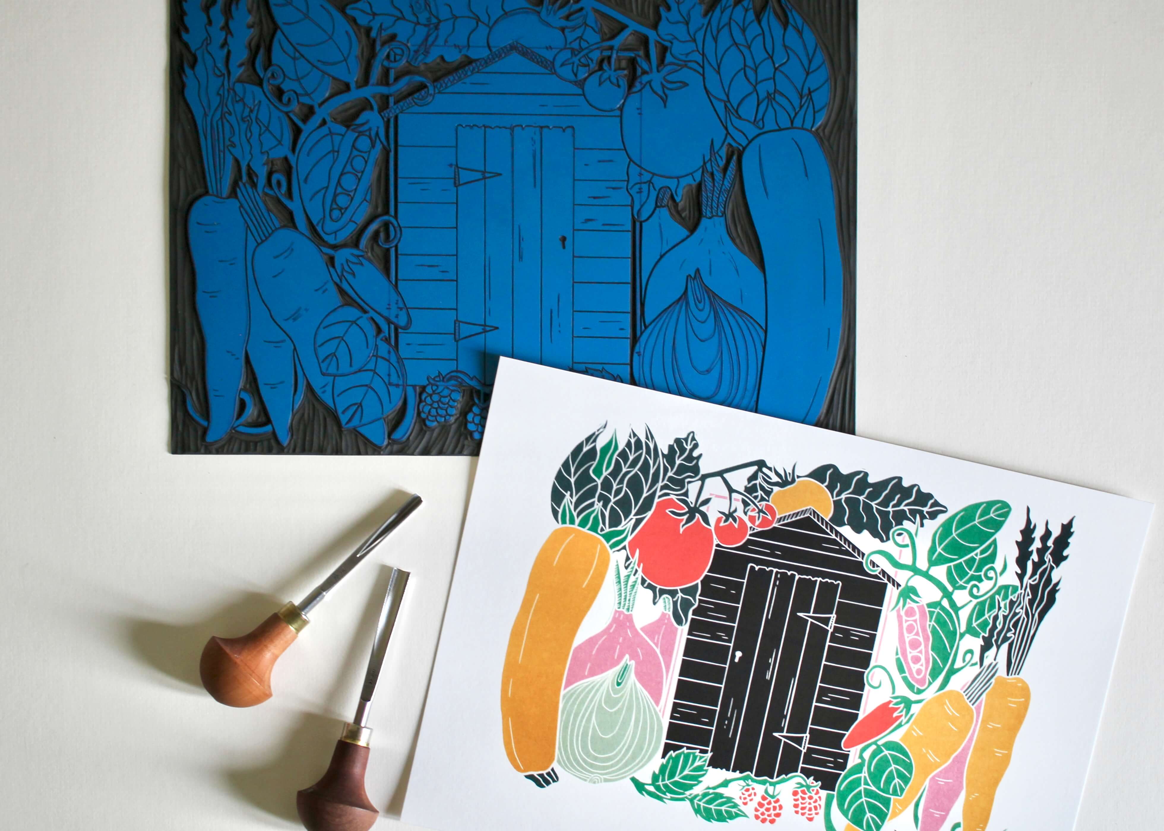 On the Allotment Linocut Art Print - A4 - Image 4