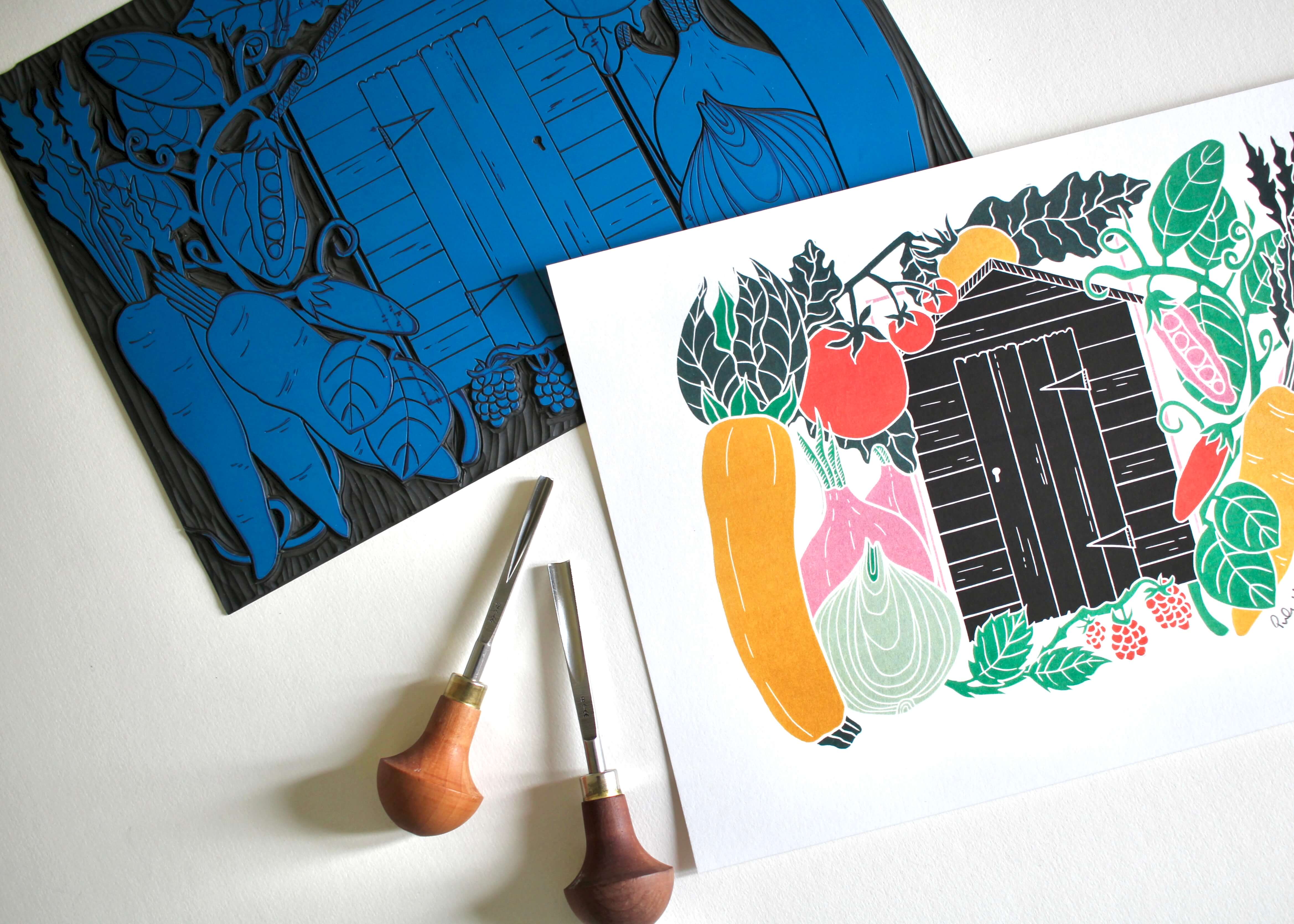 On the Allotment Linocut Art Print - A4 - Image 5