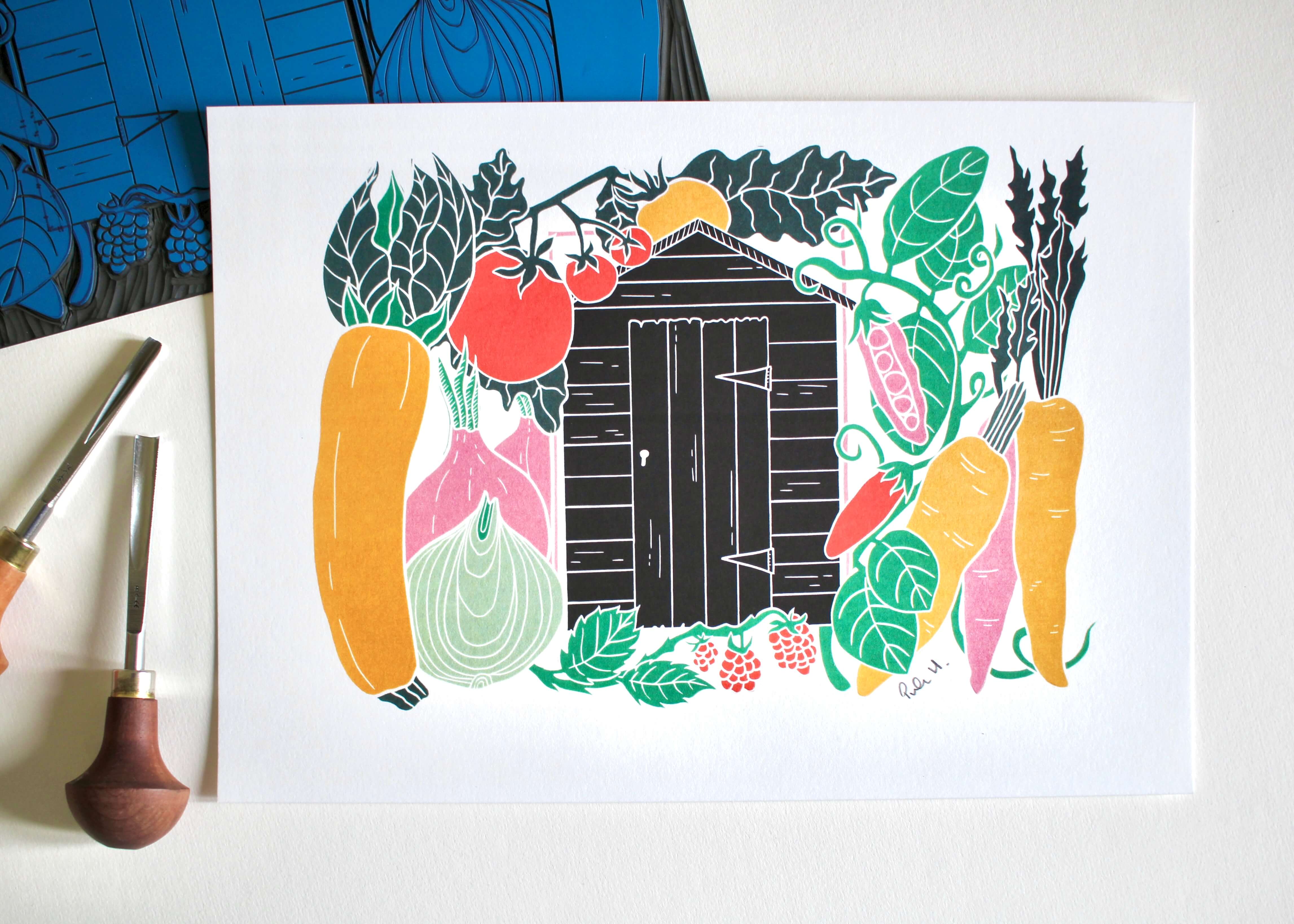 On the Allotment Linocut Art Print - A4 - Image 6