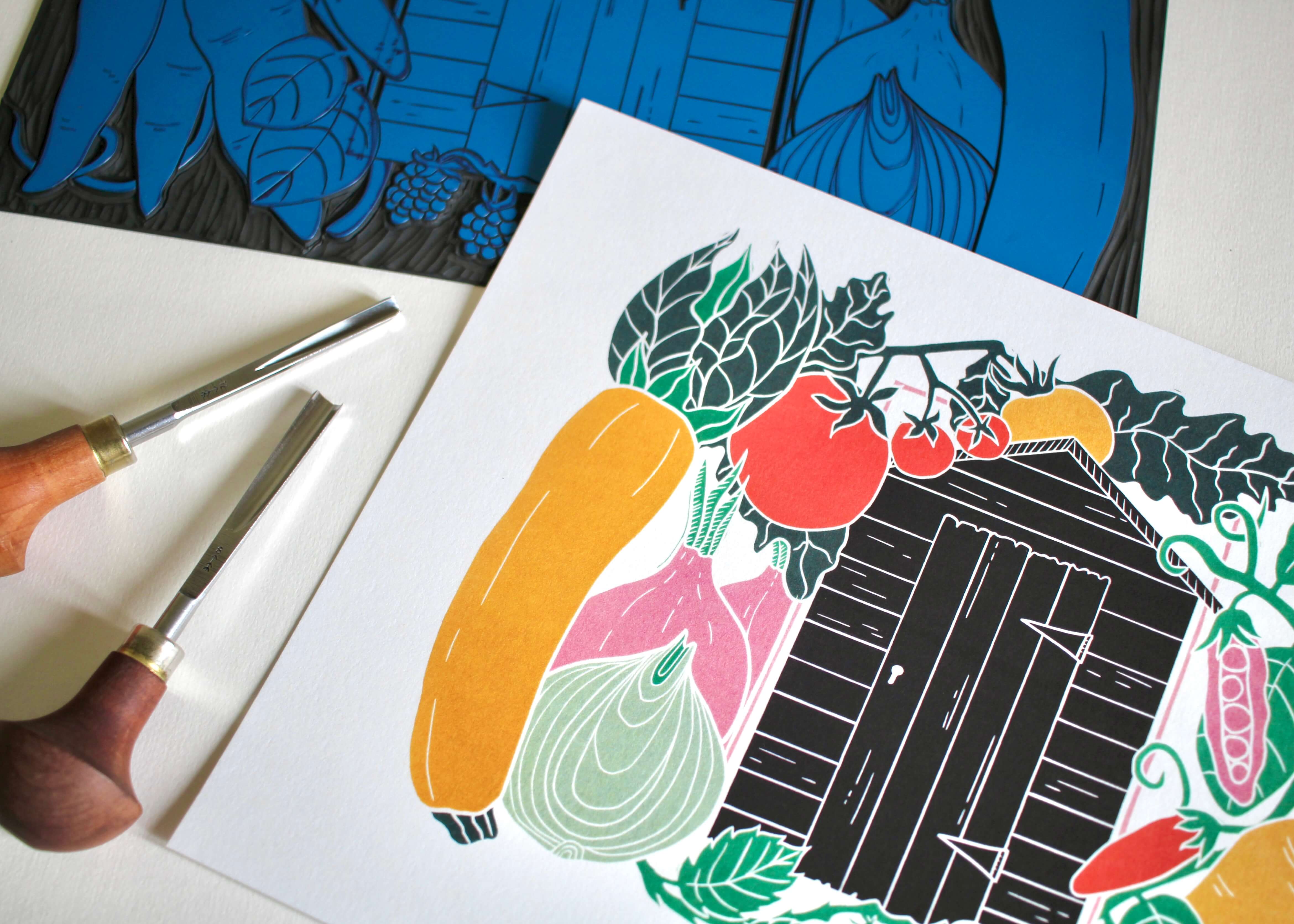 On the Allotment Linocut Art Print - A4 - Image 7
