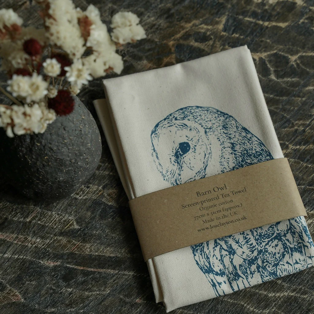 Organic Cotton Barn Owl Tea Towel - Blue Print - Image 2
