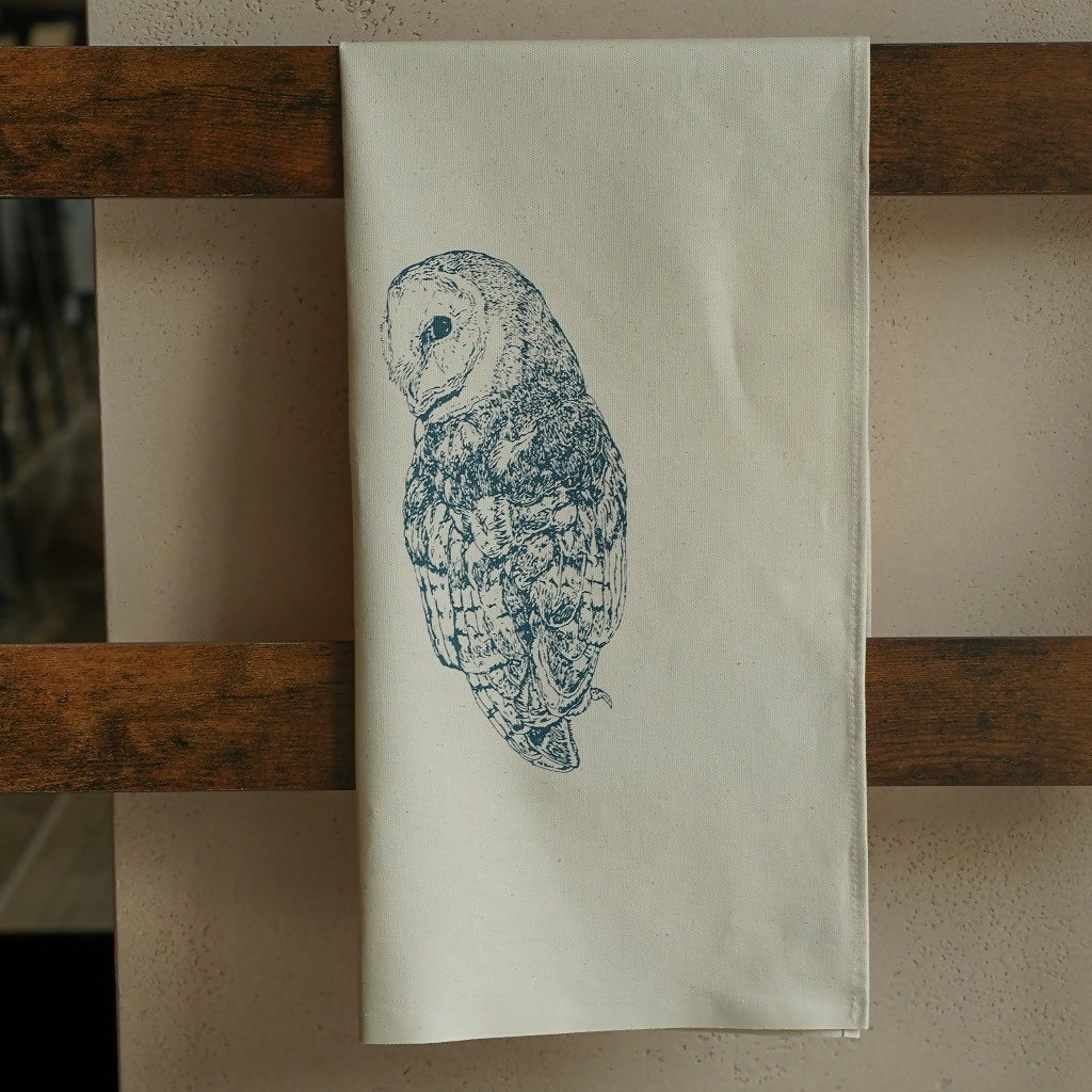 Organic Cotton Barn Owl Tea Towel - Blue Print - Image 3