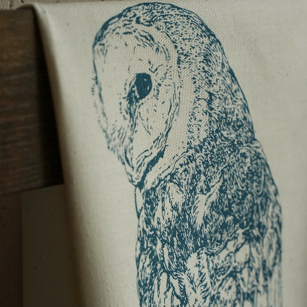 Organic Cotton Barn Owl Tea Towel - Blue Print - Image 4
