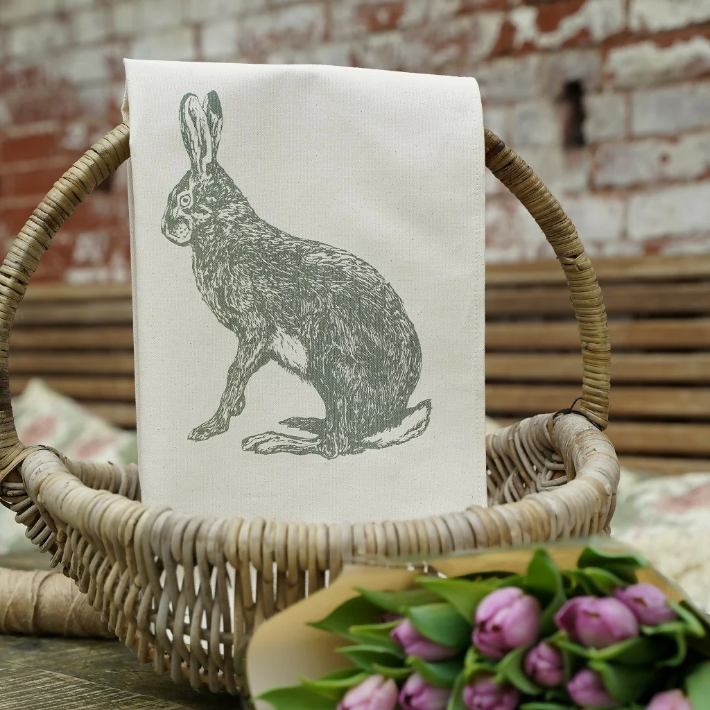 Organic Cotton Hare Tea Towel - Green Print
