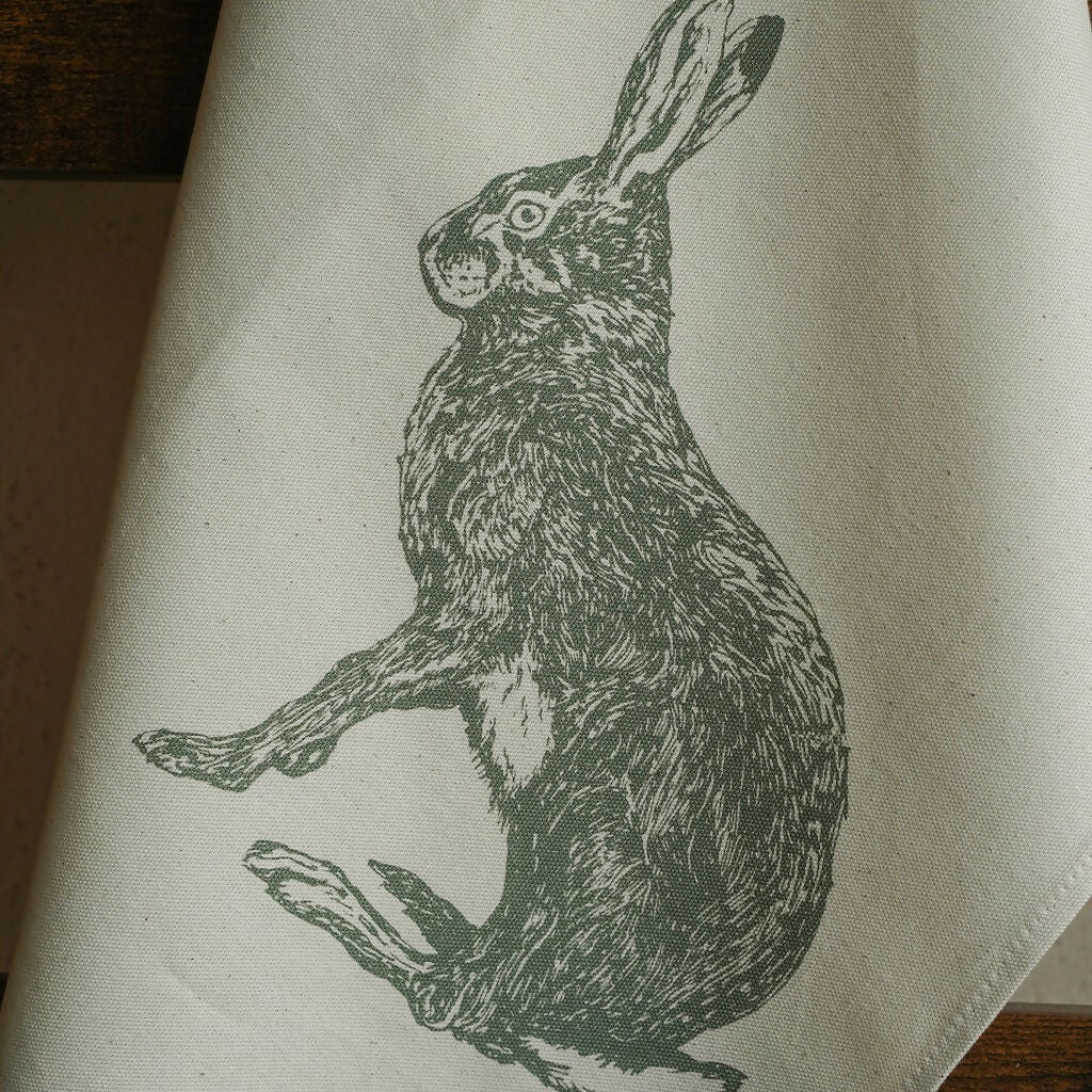 Organic Cotton Hare Tea Towel - Green Print - Image 3