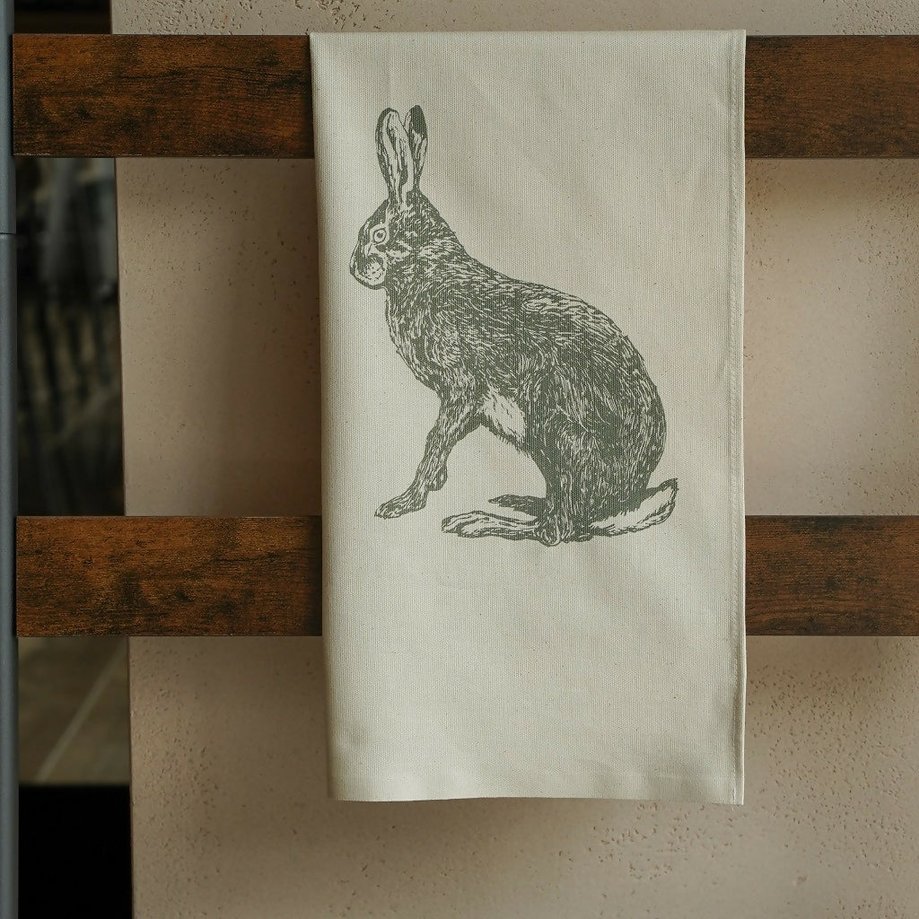 Organic Cotton Hare Tea Towel - Green Print - Image 4