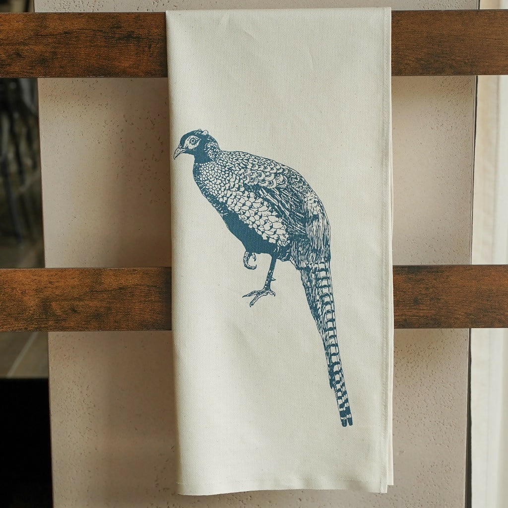 Organic Cotton Pheasant Tea Towel - Blue Print