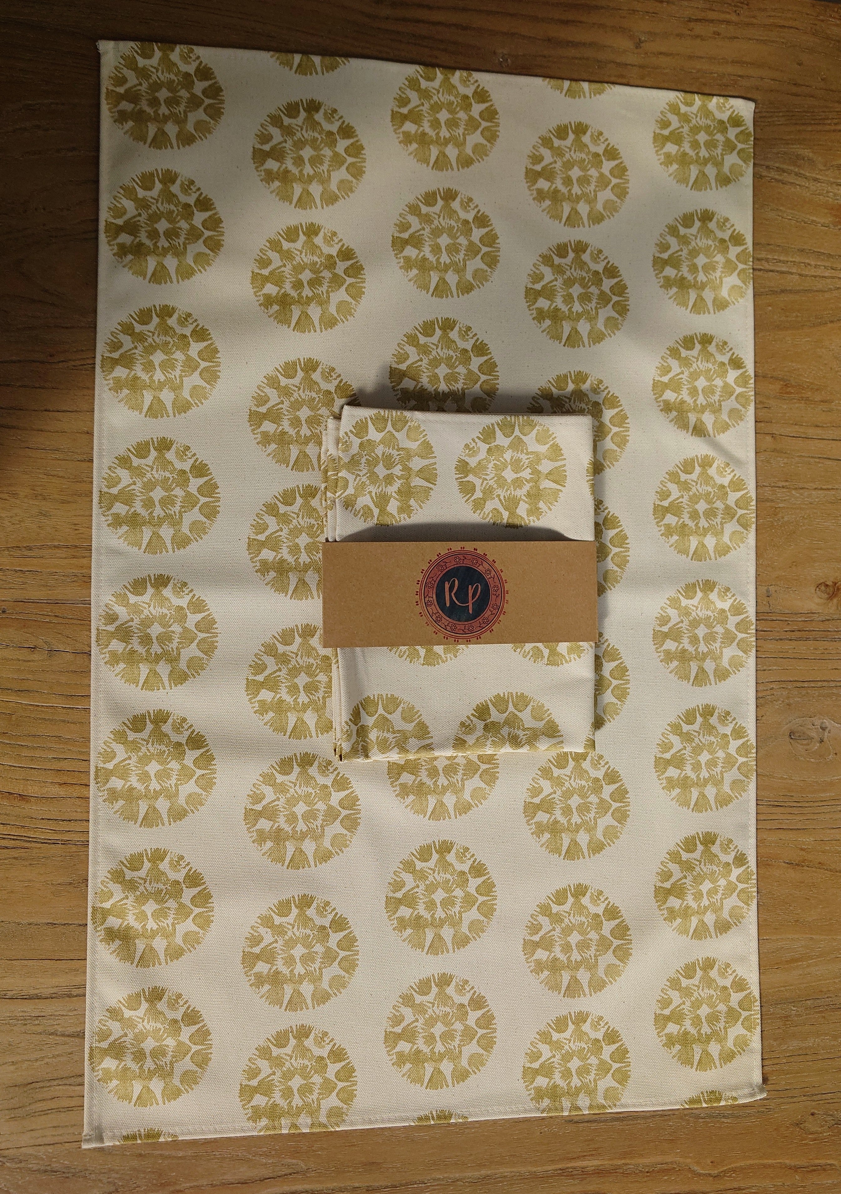 Organic Tea Towel - Machair Clock Gold Green