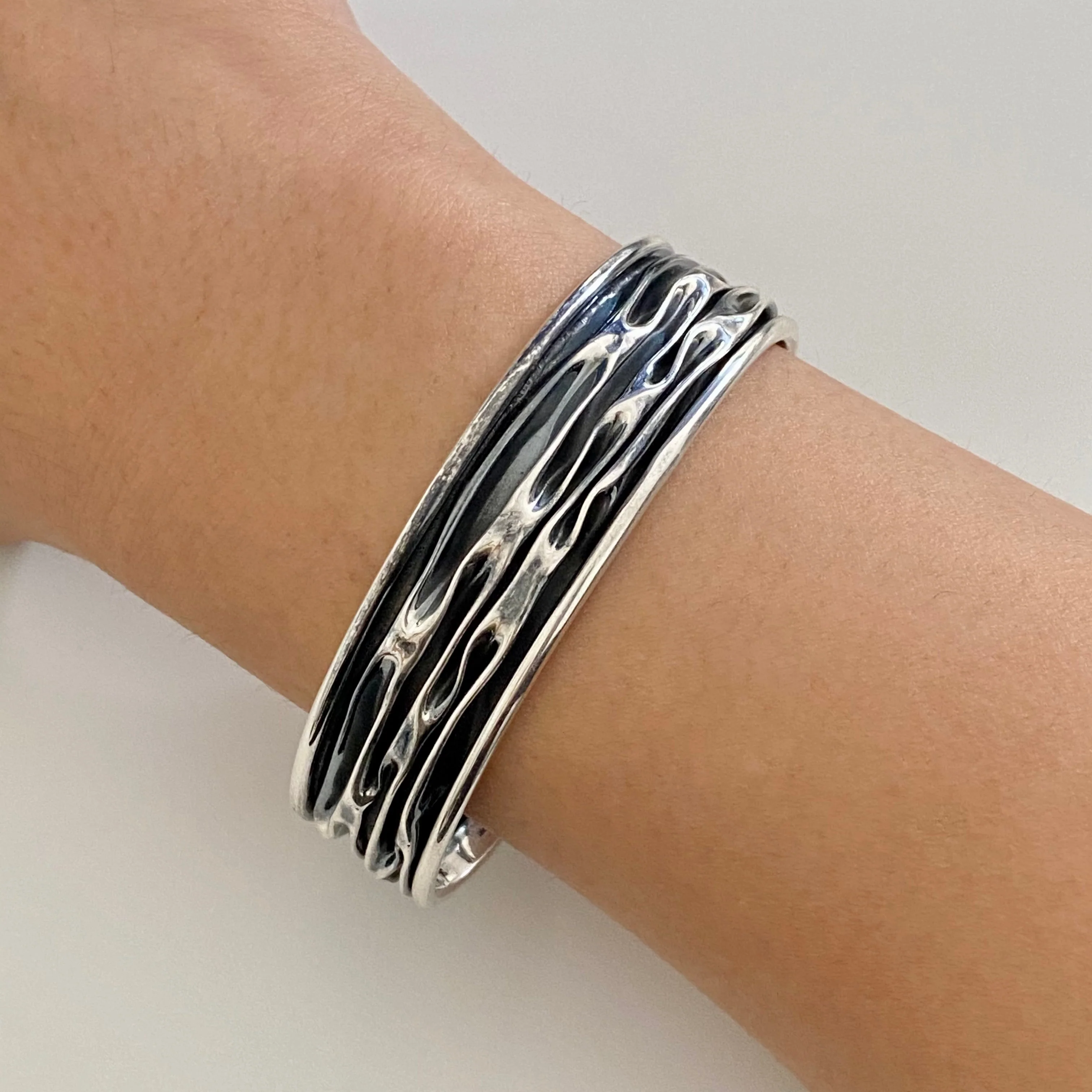Oxidised Sterling Silver Textured Patterned Cuff - Narrow - Image 4