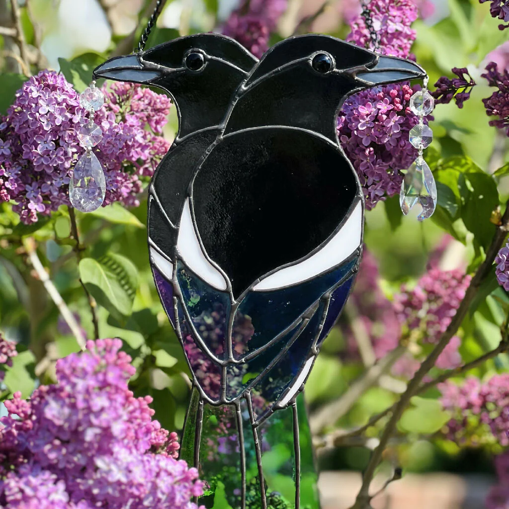 Pair of Stained Glass Magpies 'Two for Joy' with vintage chandelier glass