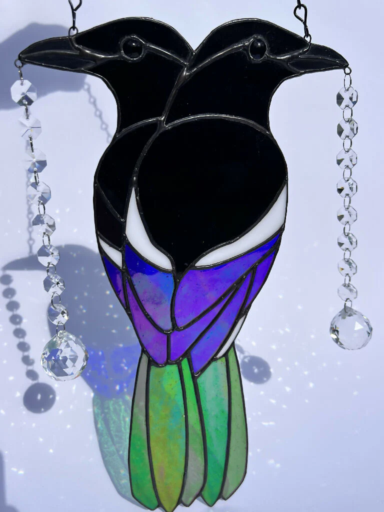 Pair of Stained Glass Magpies 'Two for Joy' with vintage chandelier glass - Image 2