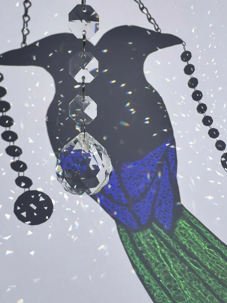 Pair of Stained Glass Magpies 'Two for Joy' with vintage chandelier glass - Image 3