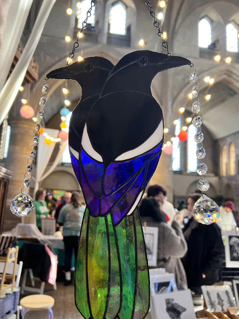 Pair of Stained Glass Magpies 'Two for Joy' with vintage chandelier glass - Image 4