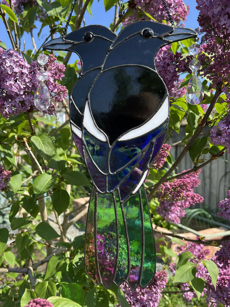Pair of Stained Glass Magpies 'Two for Joy' with vintage chandelier glass - Image 5