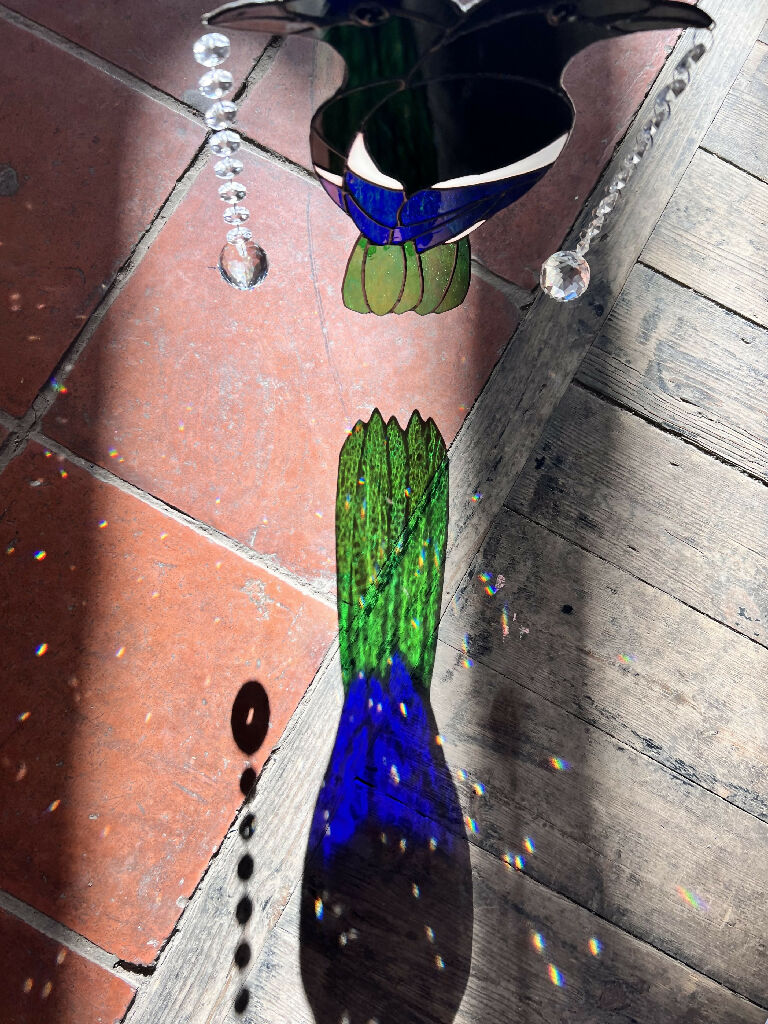 Pair of Stained Glass Magpies 'Two for Joy' with vintage chandelier glass - Image 6