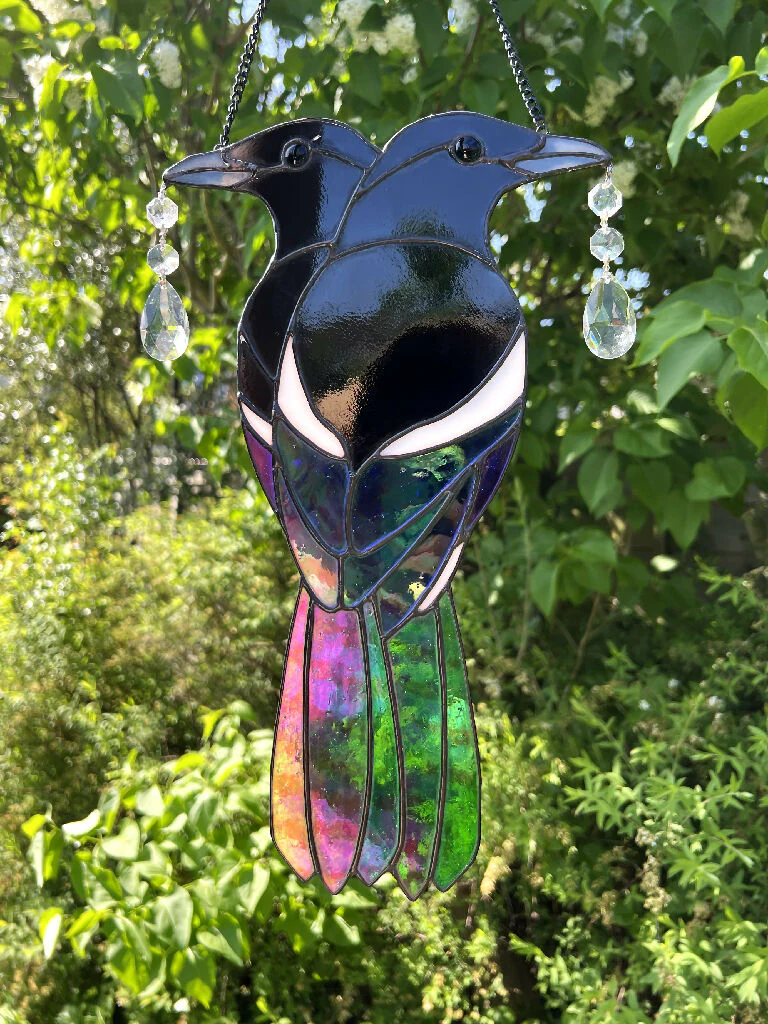 Pair of Stained Glass Magpies 'Two for Joy' with vintage chandelier glass - Image 7