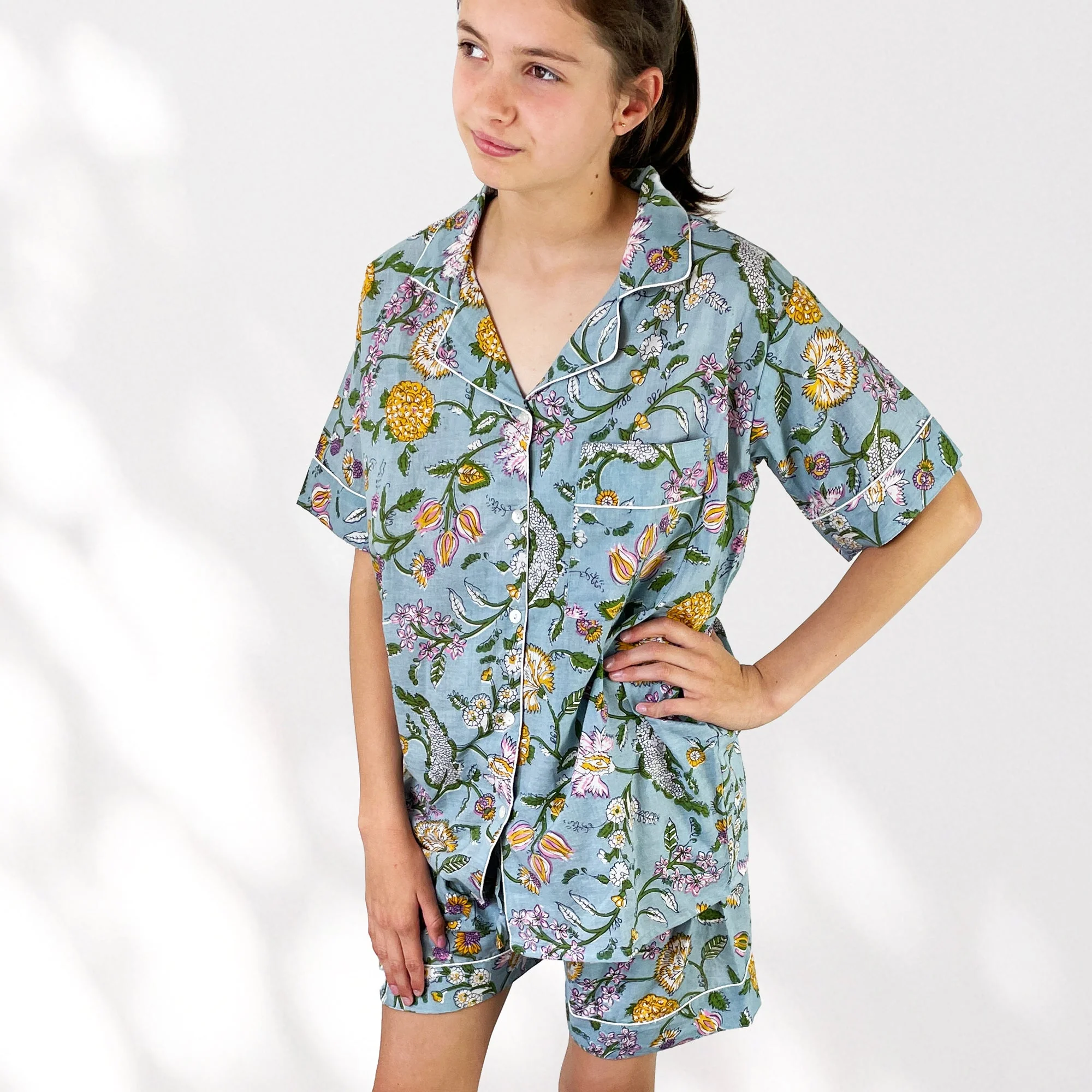 Pale Blue Block Print Floral 100% Cotton Short Pyjama Set - Image 6