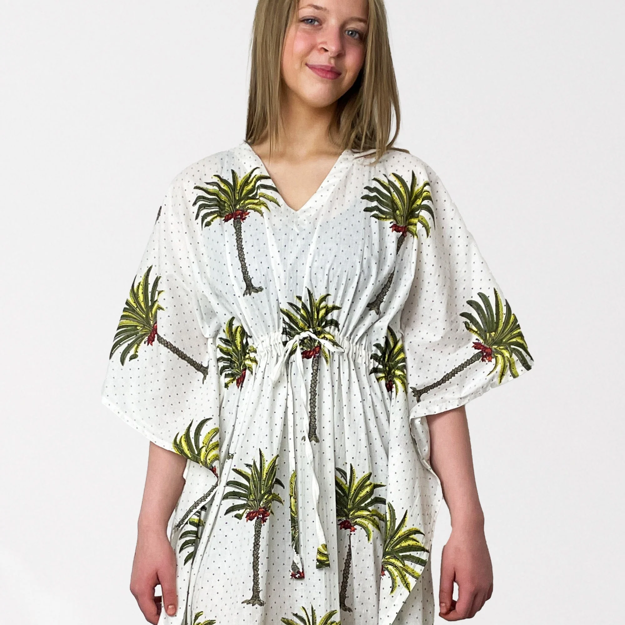 Palm Tree Print Long 100% Cotton Kaftan - Image 2
