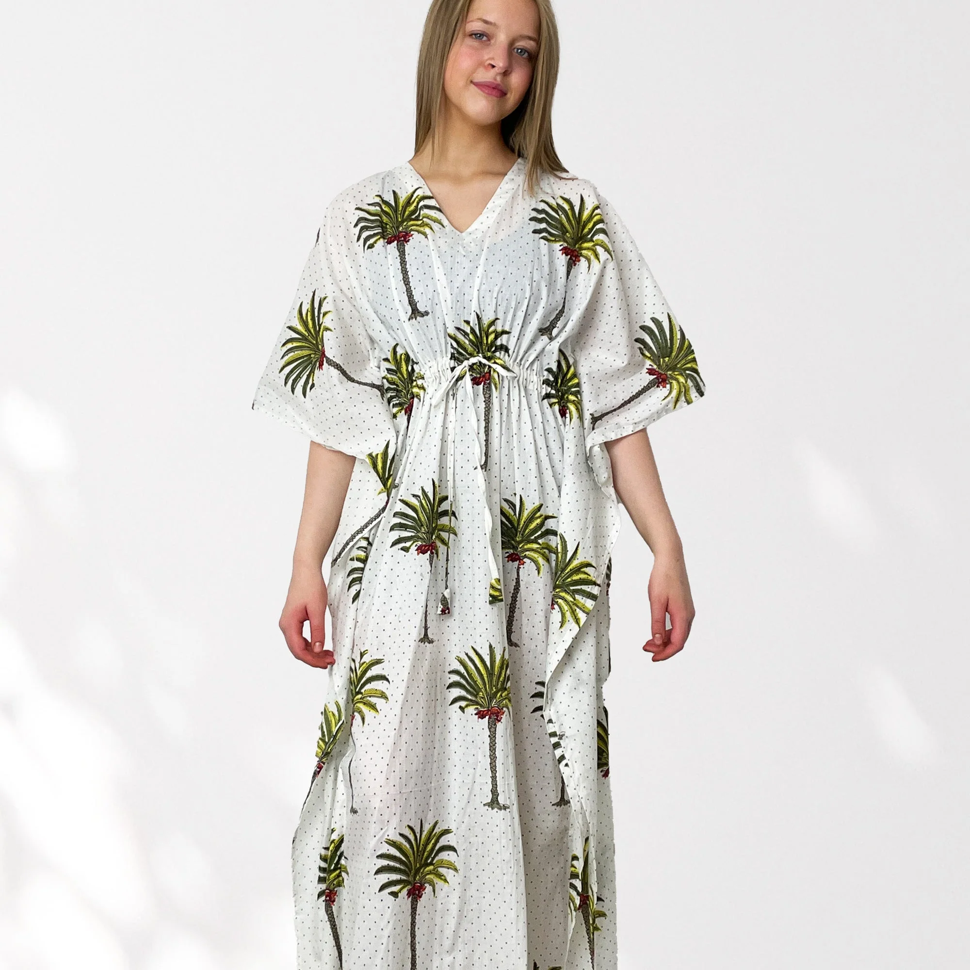 Palm Tree Print Long 100% Cotton Kaftan - Image 5