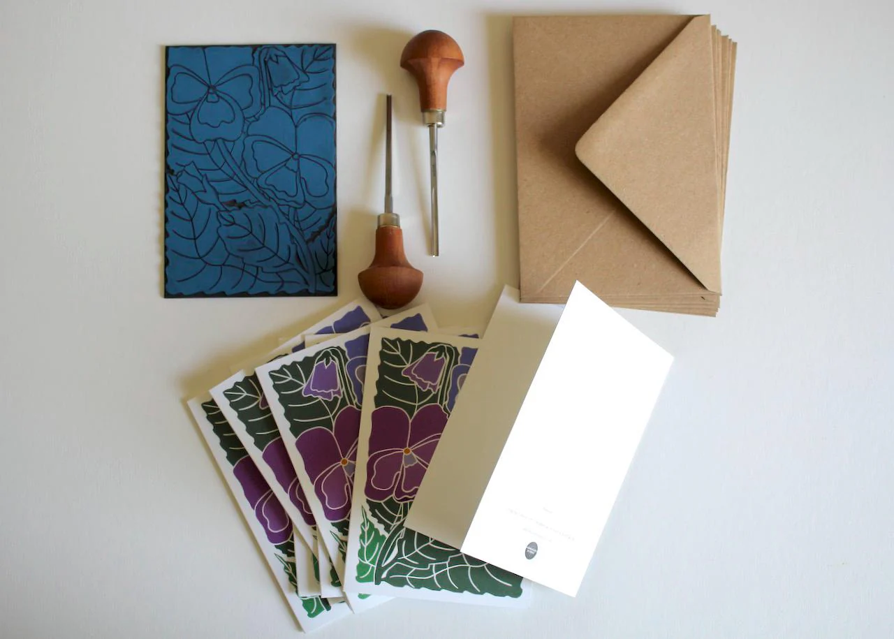 Pansy Flower Linocut Art Notecards | Set of 8 Notecards & Envelopes - Image 4
