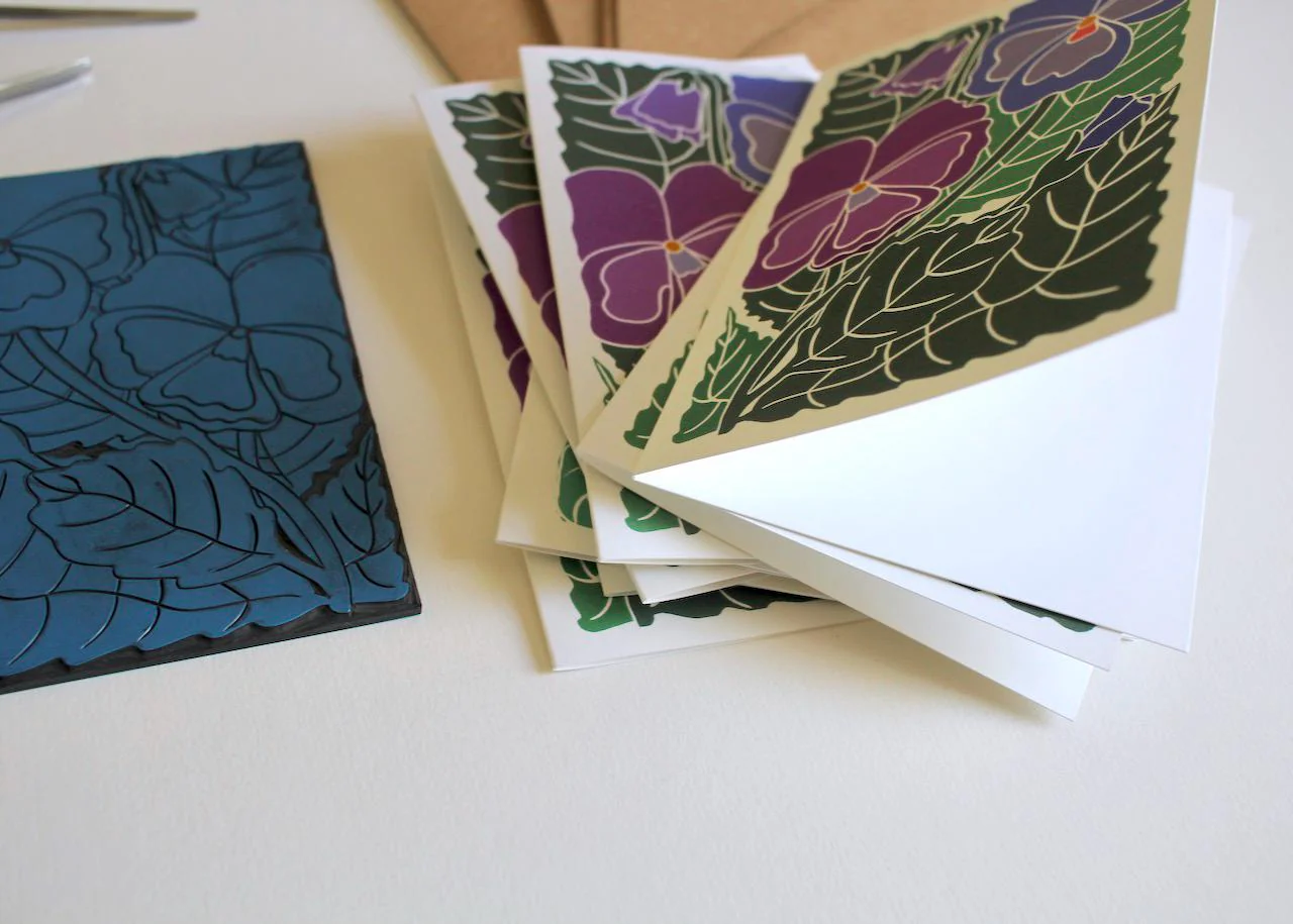 Pansy Flower Linocut Art Notecards | Set of 8 Notecards & Envelopes - Image 5