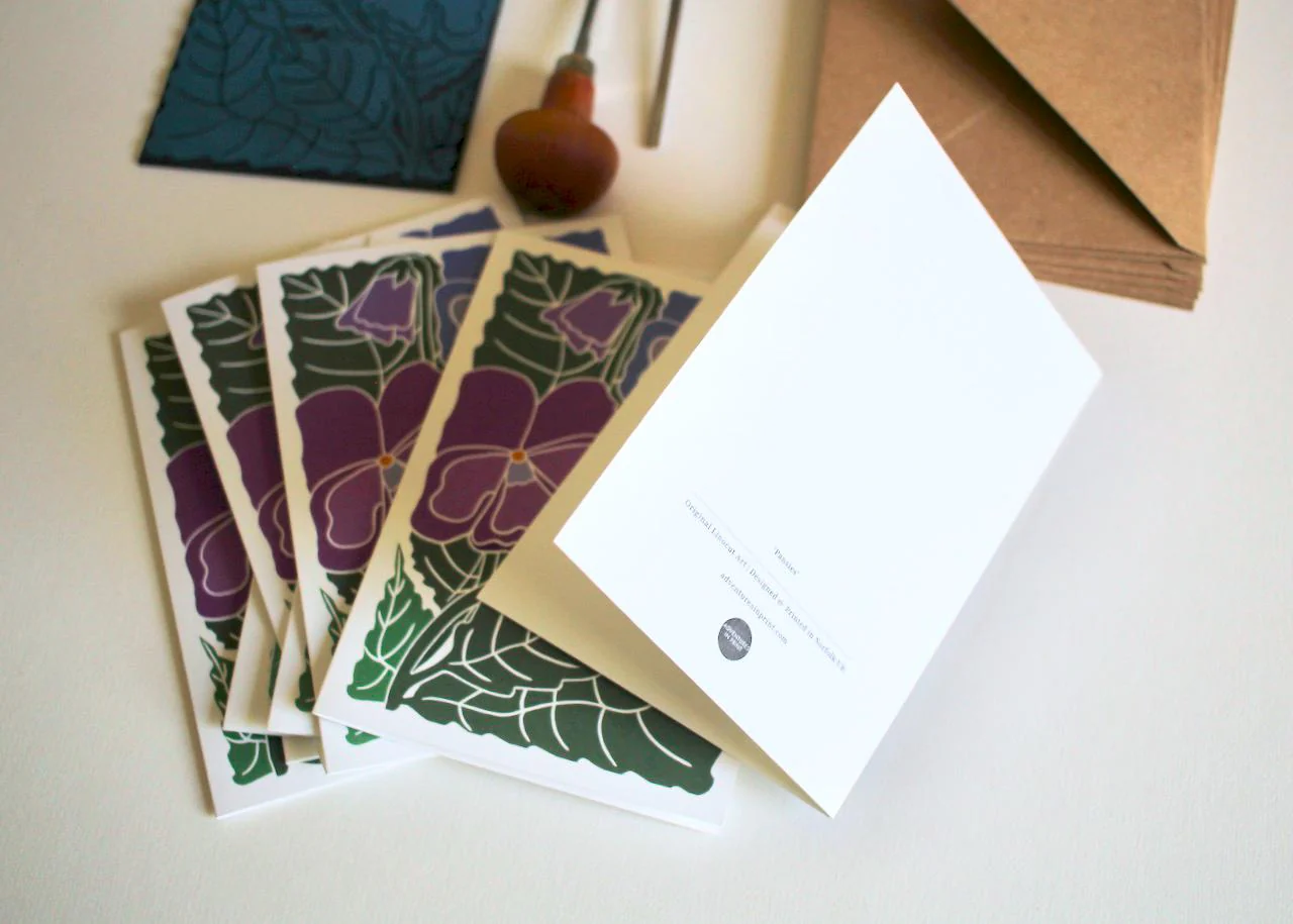 Pansy Flower Linocut Art Notecards | Set of 8 Notecards & Envelopes - Image 7