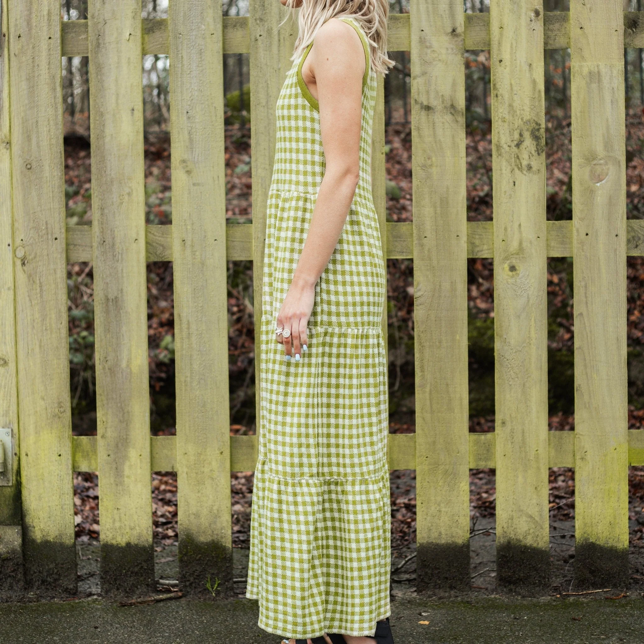 Paula Gingham Cotton Knitted Maxi Dress - Green - Image 5