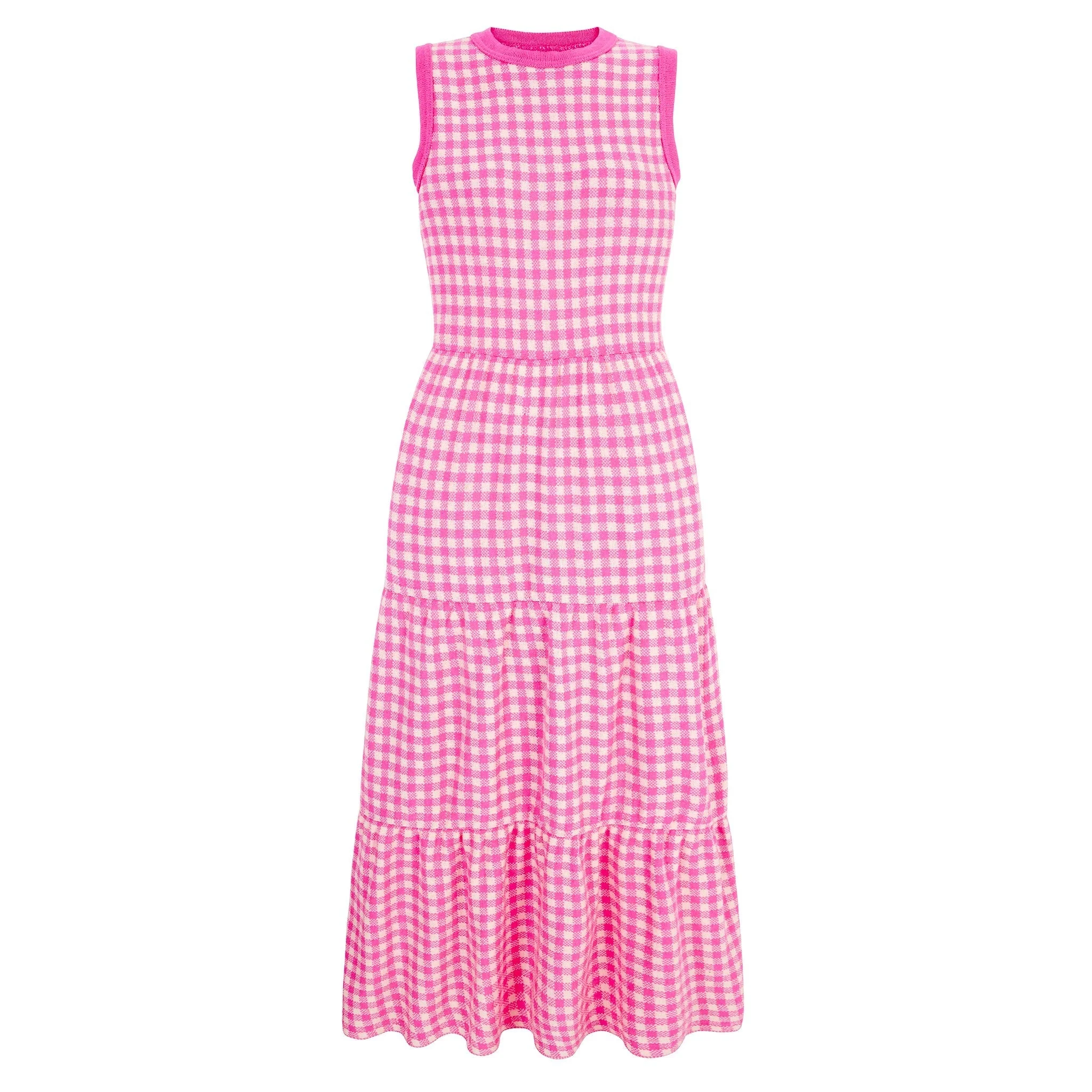 Paula Gingham Cotton Knitted Maxi Dress - Hot Pink - Image 3